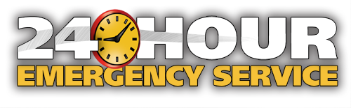 A catchy 24-hour emergency service word art image.